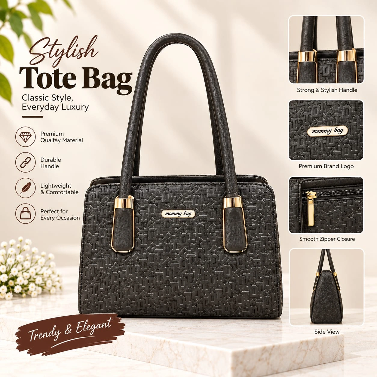 Stylish Women's Tote Bag – Black & Mustard Yellow