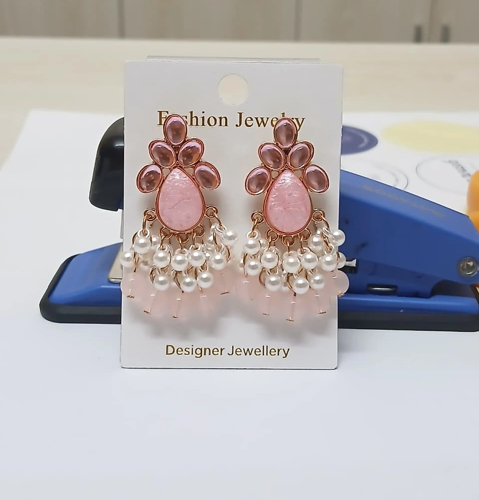 Pink & Green Pearl Drop Earrings hover